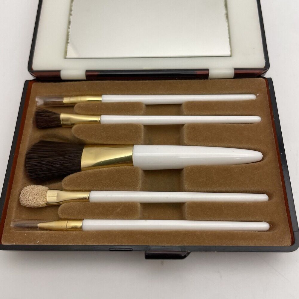 VTG Lucite Lighted Compact Mirror With Make Up Brush Set UK Design Hong Kong - Picture 2 of 5